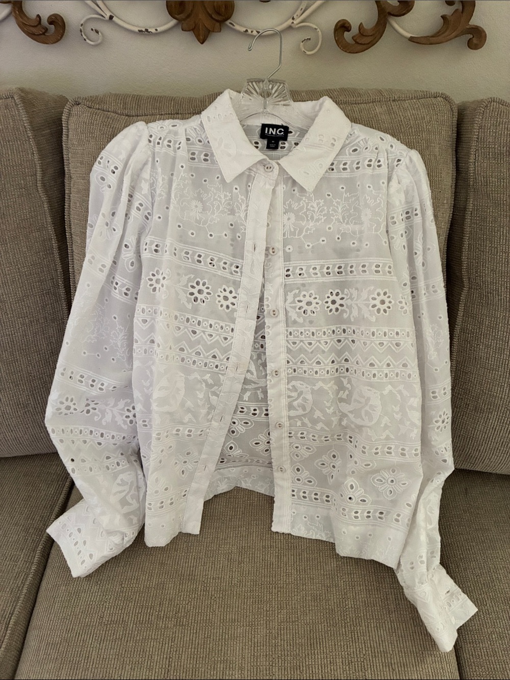 INC International Concepts White Eyelet Button-Front Blouse